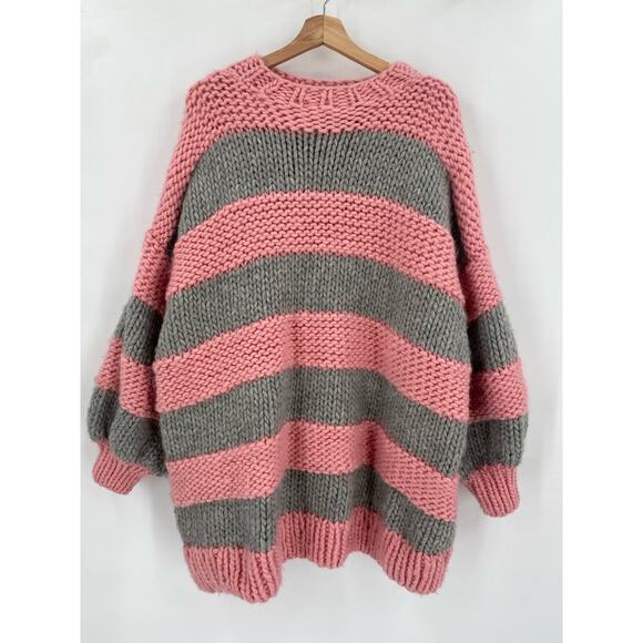 I love mr. mittens pink gray striped wool chunky oversized sweater - Picture 6 of 10